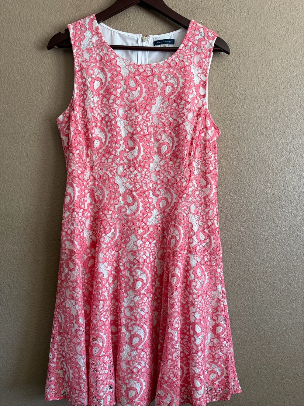 Tommy Hilfiger Coral & White Lace Sleeveless Midi Fit and Flare Dress Size 12